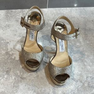 Jimmy Choo Glitterfabric Champagne platform sandals
